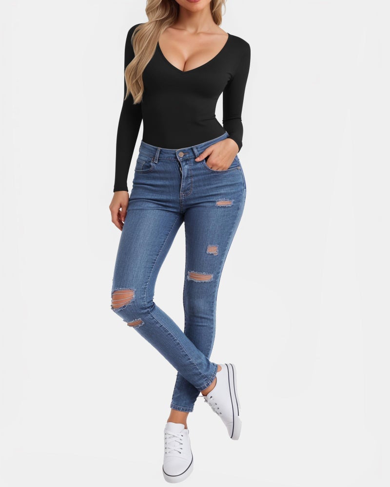 CLOZOZ Long Sleeve Shirts for Women Sexy V Neck Tops Fitted Tight T Shirts Basic Tee - Image 4